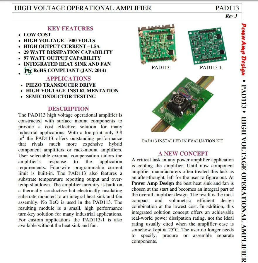 High voltage operational amplifier APEX PAD113 HIGH VOLTAGE 500 VOLTS HIGH OUTPUT CURRENT 1.5A New Original Electronic