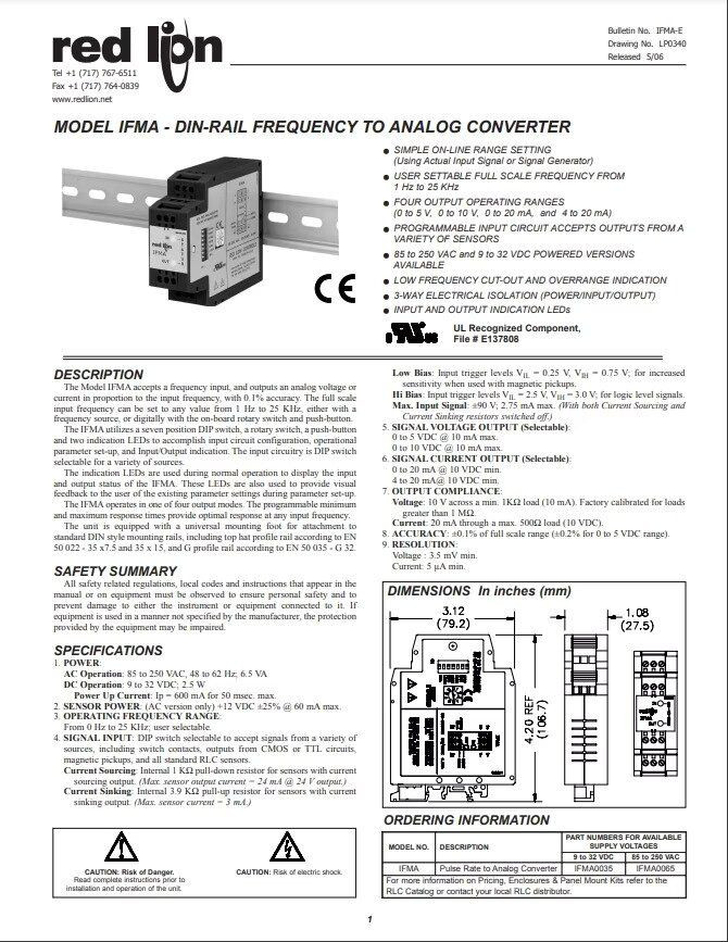 Red Lion Controls FREQUENCY TO ANALOG CONVERTER DC IFMA0035 BRAND NEW IN STOCK 1325+