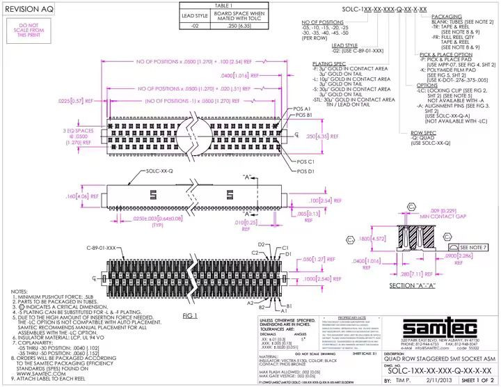 SOLC-115-02-L-Q-A Samtec Board to Board & Mezzanine Connectors PCB Connectors/Connector Headers & PCB Rece