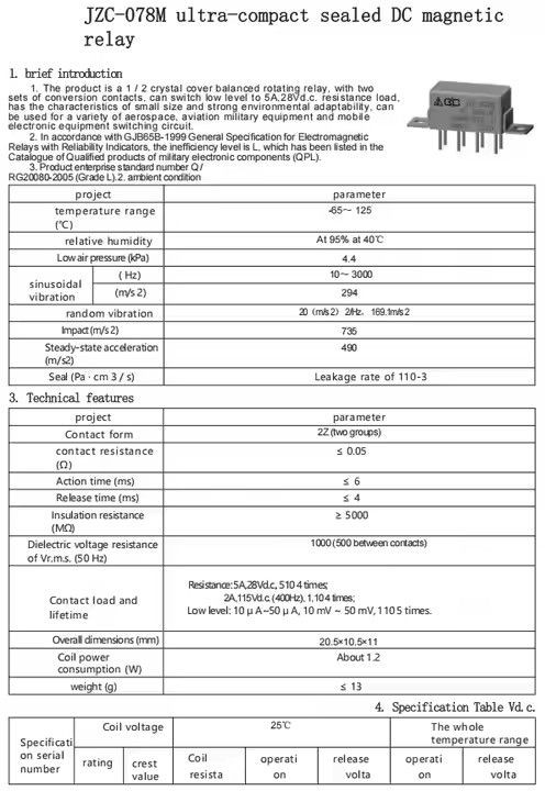 JZC-078M supermini sealed DC E-magnetic Relay aerospace&defense grade Integrated Circuits Electronic Component OEM